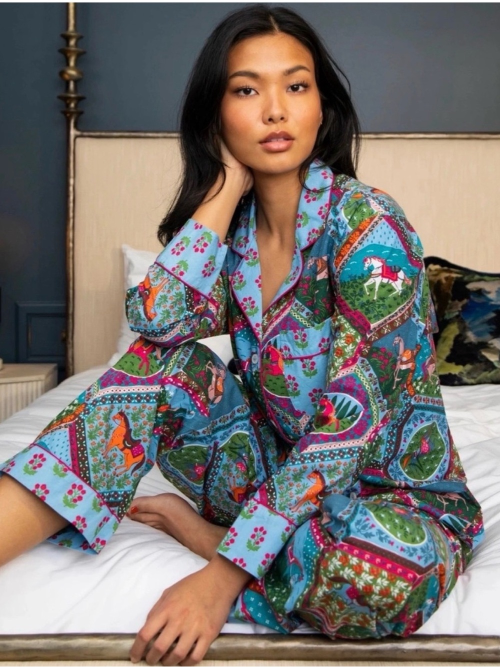 Printfresh Turquoise Multi Horse & Floral Satin Pajama Set Highhorse Small